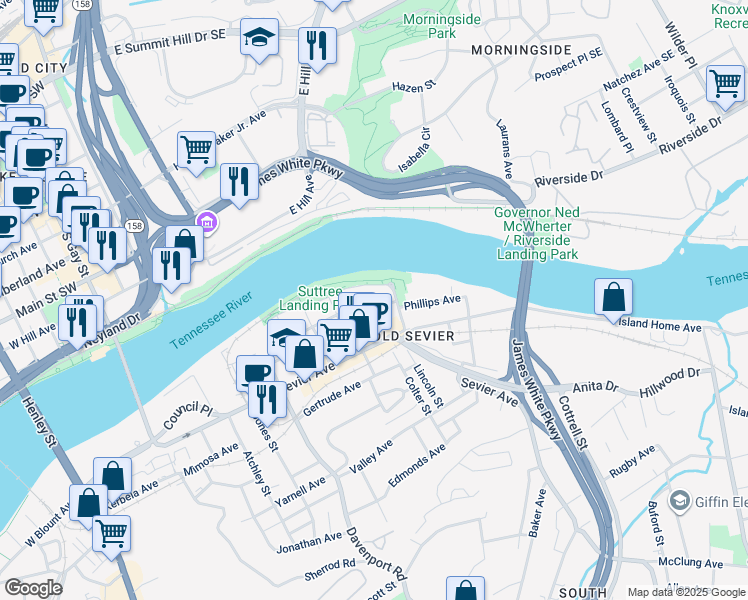 map of restaurants, bars, coffee shops, grocery stores, and more near 1003 Phillips Avenue in Knoxville