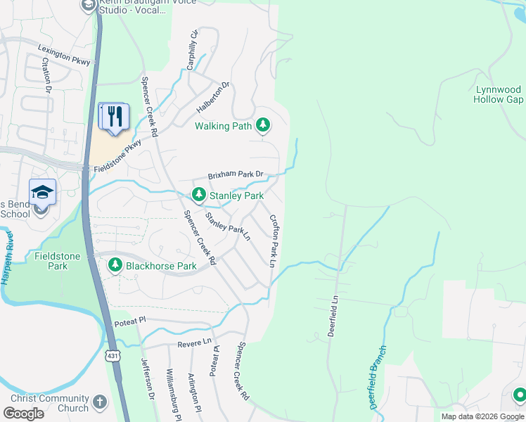 map of restaurants, bars, coffee shops, grocery stores, and more near 509 Crofton Park Lane in Franklin