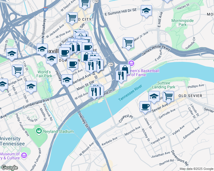 map of restaurants, bars, coffee shops, grocery stores, and more near 200 West Hill Avenue in Knoxville