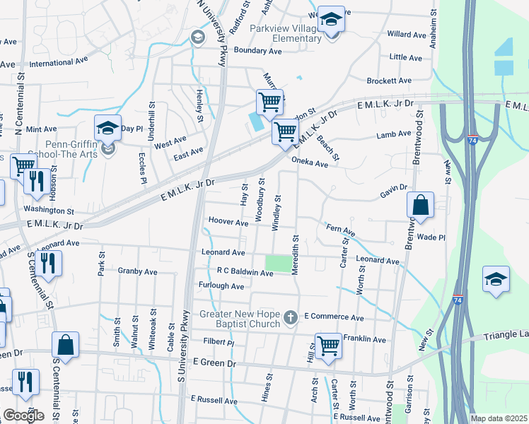 map of restaurants, bars, coffee shops, grocery stores, and more near 227 Woodbury Street in High Point