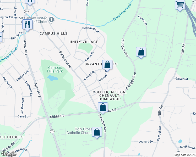 map of restaurants, bars, coffee shops, grocery stores, and more near 2213 Wintergreen Place in Durham