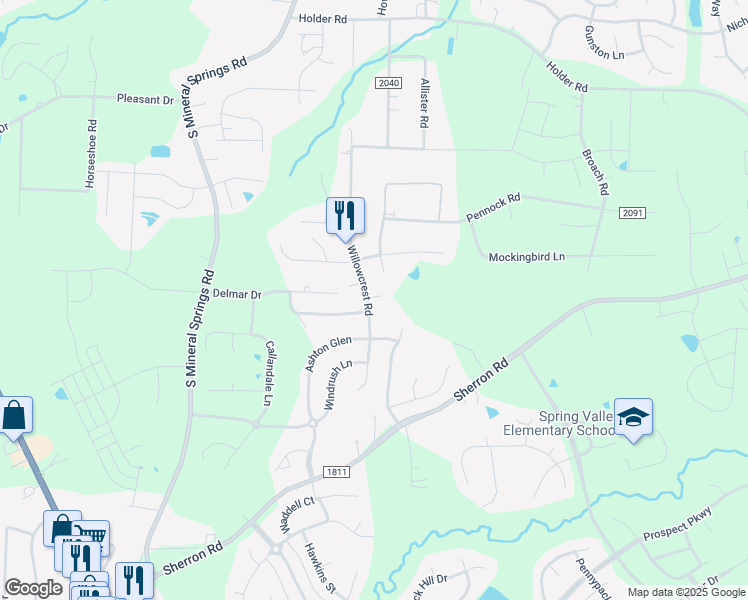 map of restaurants, bars, coffee shops, grocery stores, and more near 1497 Willowcrest Road in Durham