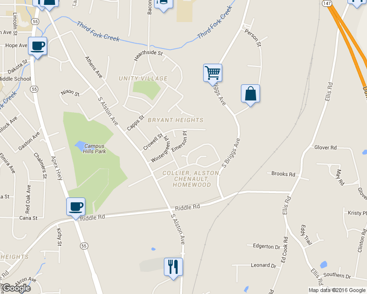 map of restaurants, bars, coffee shops, grocery stores, and more near 2213 Emerson Place in Durham