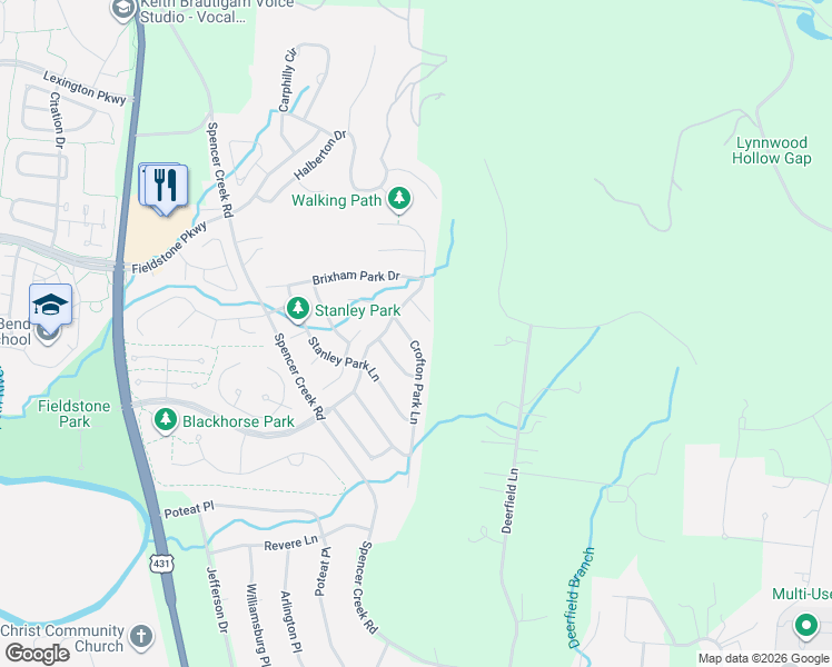 map of restaurants, bars, coffee shops, grocery stores, and more near 509 Crofton Park Lane in Franklin