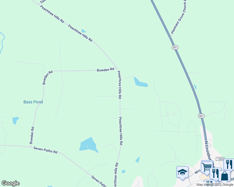 map of restaurants, bars, coffee shops, grocery stores, and more near 1466 Peachtree Hills Road in Spring Hope
