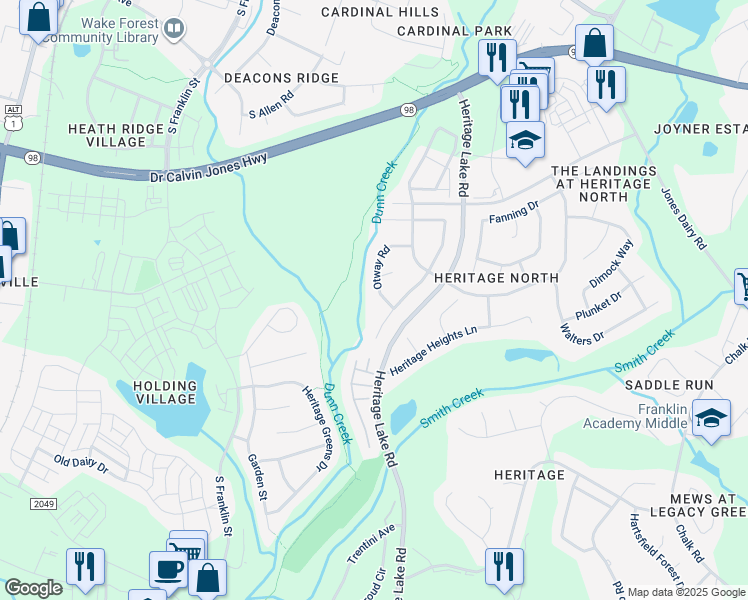 map of restaurants, bars, coffee shops, grocery stores, and more near 516 Otway Road in Wake Forest