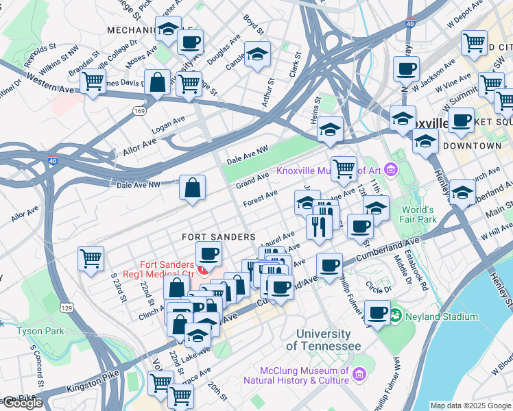 map of restaurants, bars, coffee shops, grocery stores, and more near 1626 Forest Avenue in Knoxville