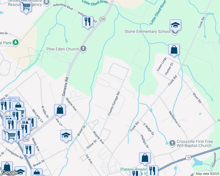 map of restaurants, bars, coffee shops, grocery stores, and more near 79 Bradford Drive in Crossville