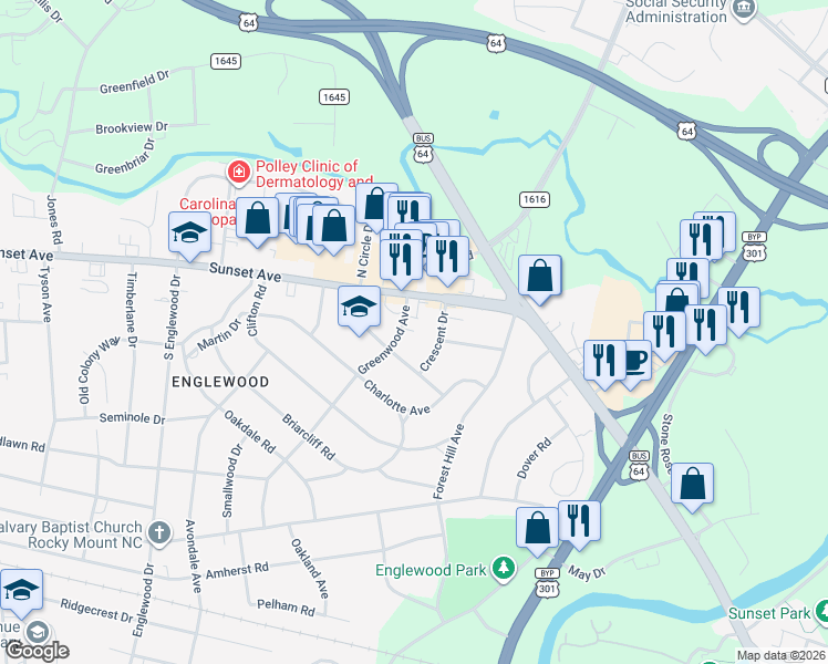 map of restaurants, bars, coffee shops, grocery stores, and more near 107 Greenwood Avenue in Rocky Mount