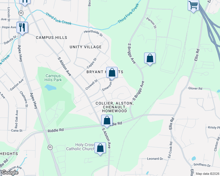 map of restaurants, bars, coffee shops, grocery stores, and more near 2213 Emerson Place in Durham