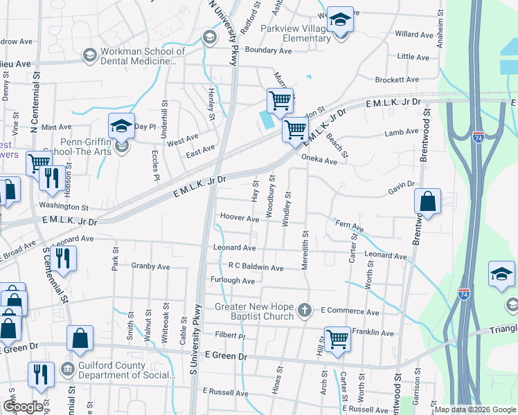map of restaurants, bars, coffee shops, grocery stores, and more near 227 Woodbury Street in High Point