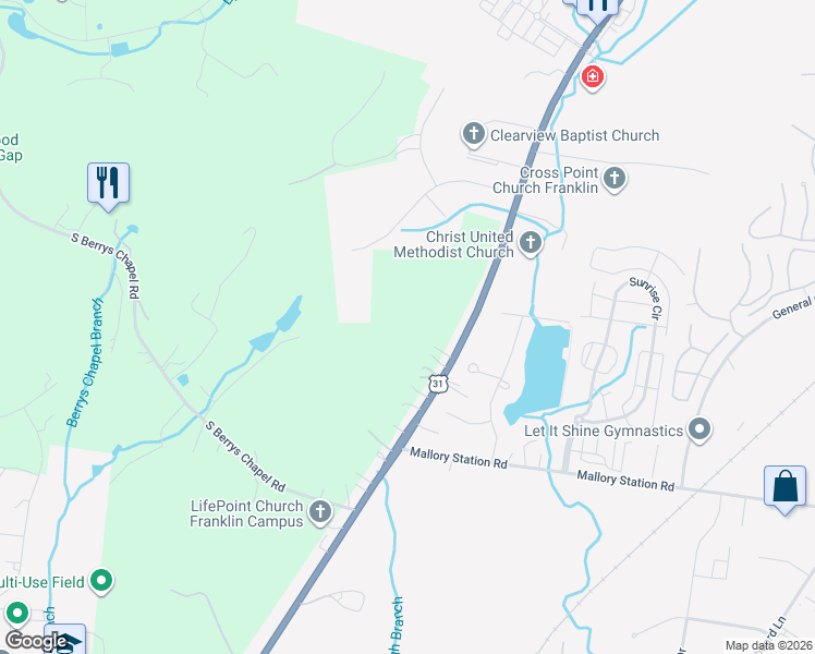 map of restaurants, bars, coffee shops, grocery stores, and more near 483 Franklin Road in Franklin