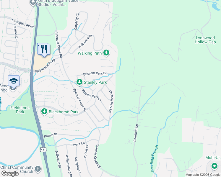 map of restaurants, bars, coffee shops, grocery stores, and more near 509 Crofton Park Lane in Franklin