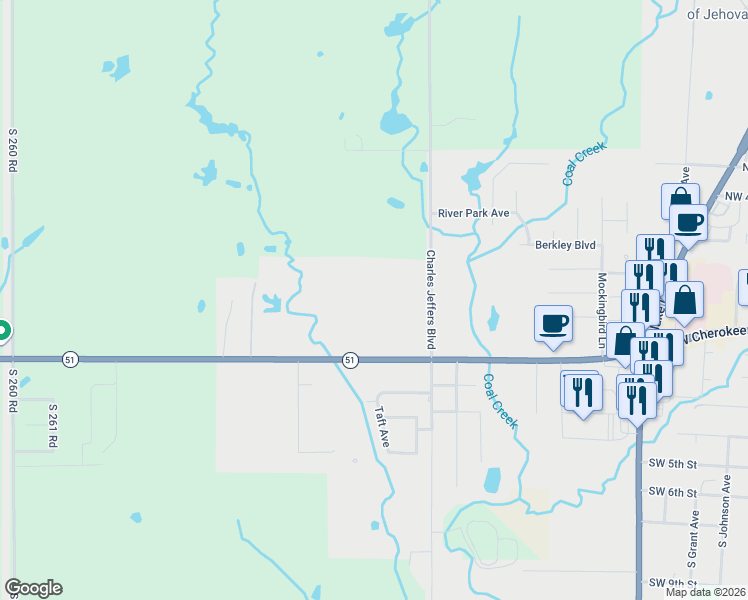 map of restaurants, bars, coffee shops, grocery stores, and more near 2210 Oklahoma 51 in Wagoner