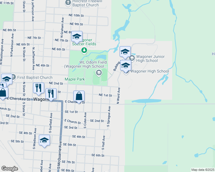 map of restaurants, bars, coffee shops, grocery stores, and more near 300 Bulldog Circle in Wagoner