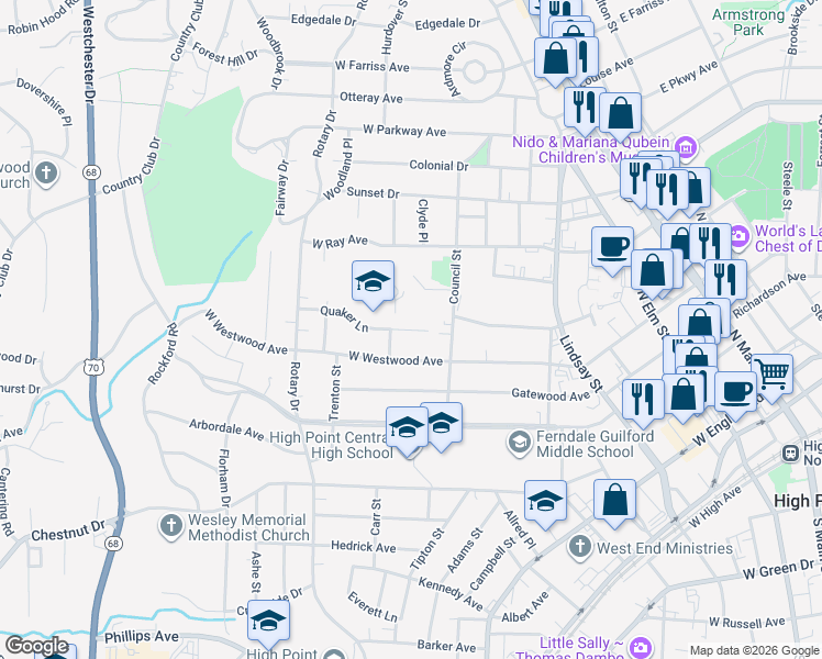 map of restaurants, bars, coffee shops, grocery stores, and more near 707 Quaker Lane in High Point
