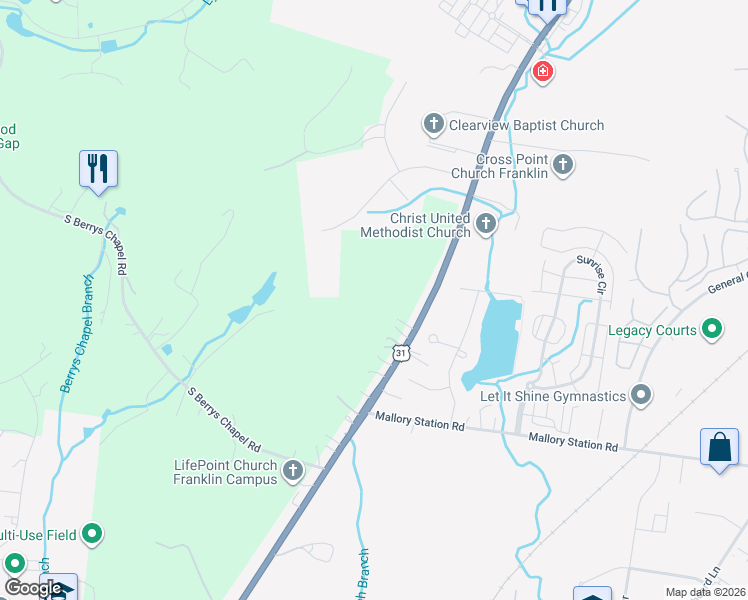 map of restaurants, bars, coffee shops, grocery stores, and more near 483 Franklin Road in Franklin