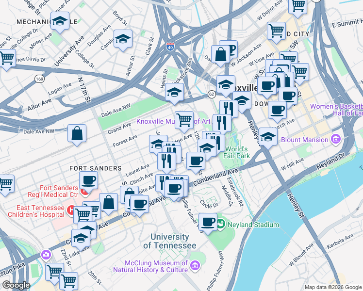 map of restaurants, bars, coffee shops, grocery stores, and more near 1302 Bridge Avenue in Knoxville