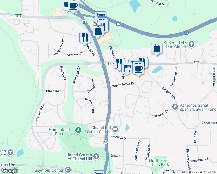 map of restaurants, bars, coffee shops, grocery stores, and more near 1621 Martin Luther King Junior Boulevard in Chapel Hill
