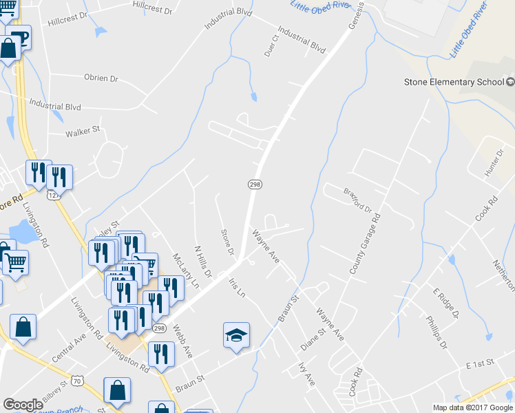 map of restaurants, bars, coffee shops, grocery stores, and more near 652 Genesis Road in Crossville