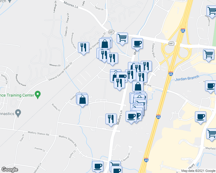 map of restaurants, bars, coffee shops, grocery stores, and more near 7104 Crossroads Boulevard in Brentwood