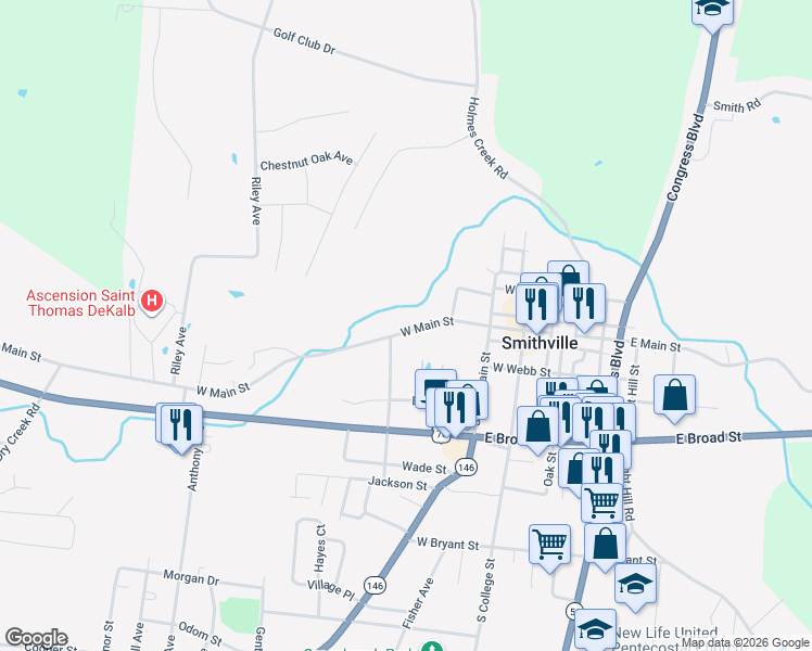 map of restaurants, bars, coffee shops, grocery stores, and more near 414 West Main Street in Smithville