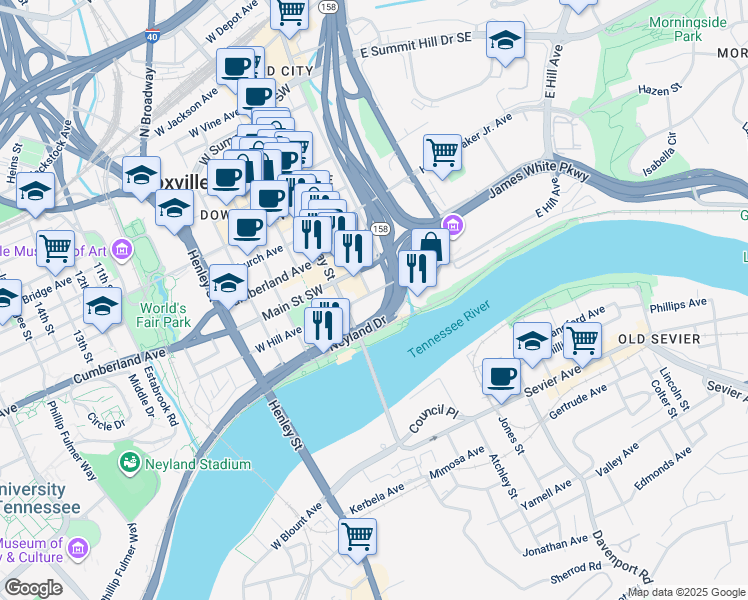 map of restaurants, bars, coffee shops, grocery stores, and more near 200 West Hill Avenue in Knoxville