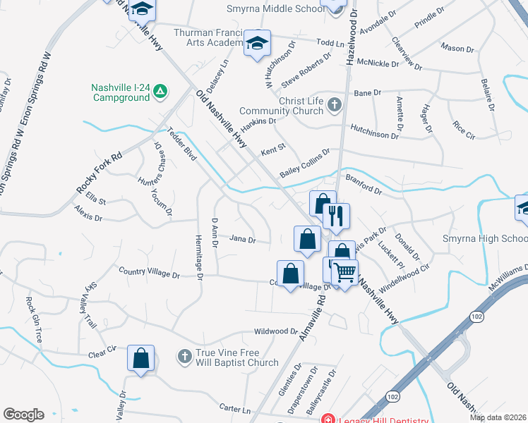 map of restaurants, bars, coffee shops, grocery stores, and more near 145 Tedder Boulevard in Smyrna