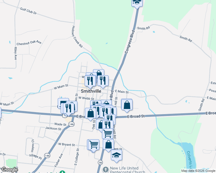 map of restaurants, bars, coffee shops, grocery stores, and more near 198 E Walnut St in Smithville