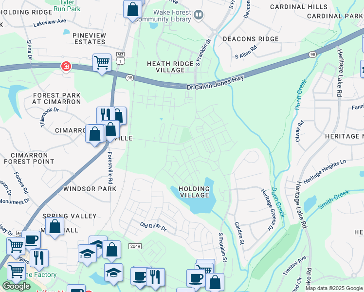 map of restaurants, bars, coffee shops, grocery stores, and more near 223 Friendship Chapel Road in Wake Forest