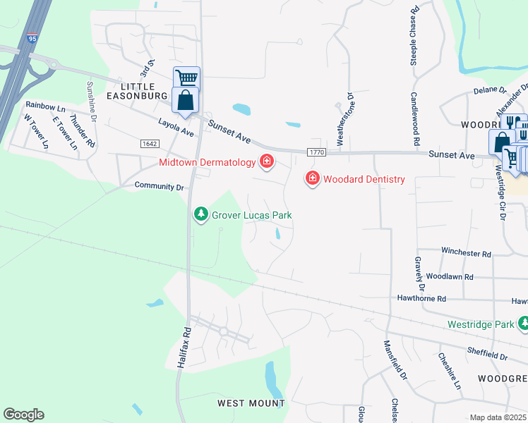 map of restaurants, bars, coffee shops, grocery stores, and more near 52 Bridgeport Court in Rocky Mount