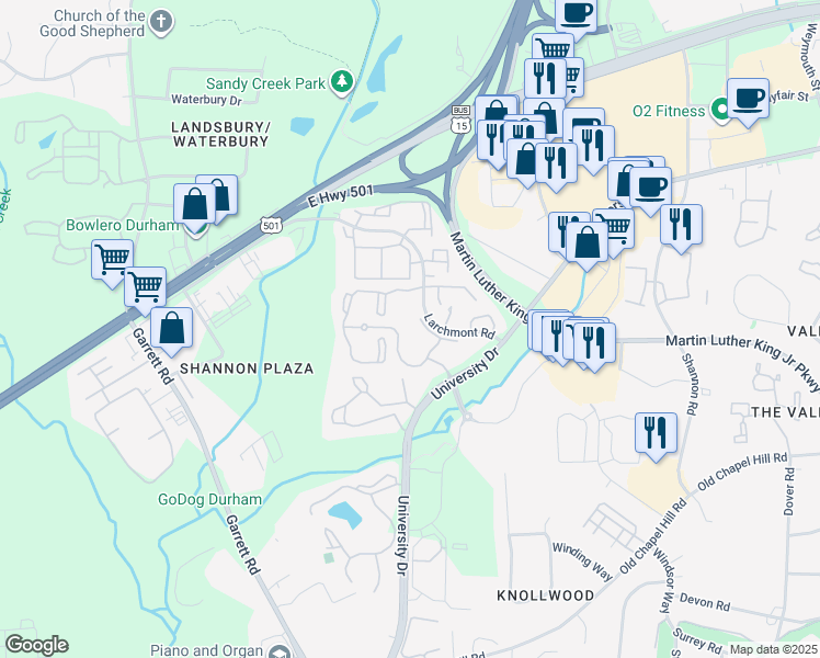 map of restaurants, bars, coffee shops, grocery stores, and more near 500 Snow Crest Trail in Durham