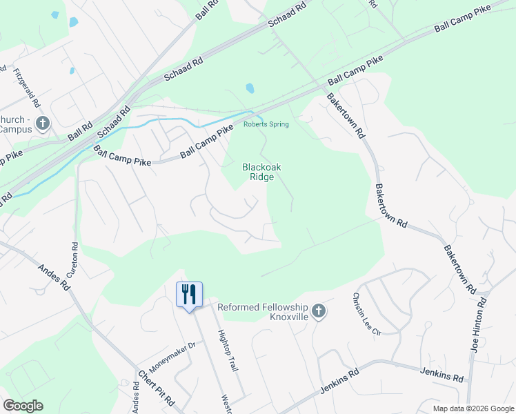 map of restaurants, bars, coffee shops, grocery stores, and more near 1813 Cascade Falls Lane in Knoxville