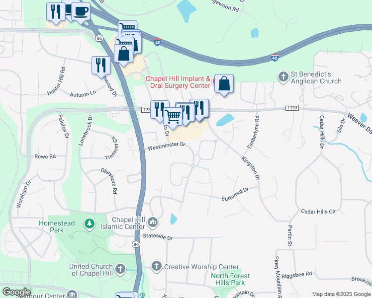 map of restaurants, bars, coffee shops, grocery stores, and more near 6000 Edisto Court in Chapel Hill