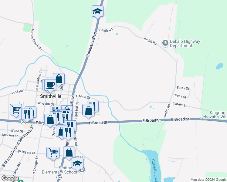 map of restaurants, bars, coffee shops, grocery stores, and more near 510 East Main Street in Smithville