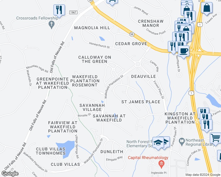 map of restaurants, bars, coffee shops, grocery stores, and more near 3005 Avensburg Court in Raleigh