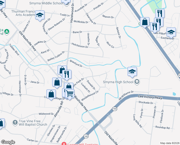 map of restaurants, bars, coffee shops, grocery stores, and more near 211 Davis Park Drive in Smyrna
