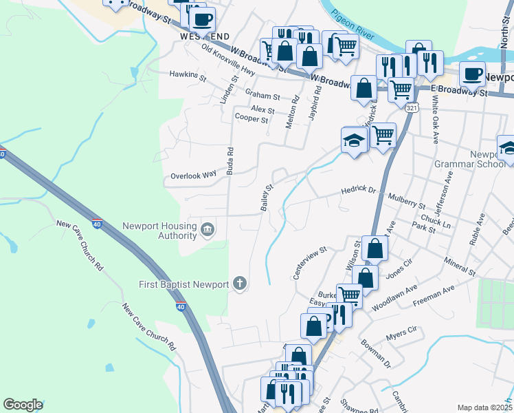 map of restaurants, bars, coffee shops, grocery stores, and more near 299 Bailey Street in Newport