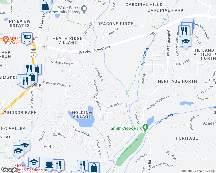map of restaurants, bars, coffee shops, grocery stores, and more near 540 Basin Hill Drive in Wake Forest