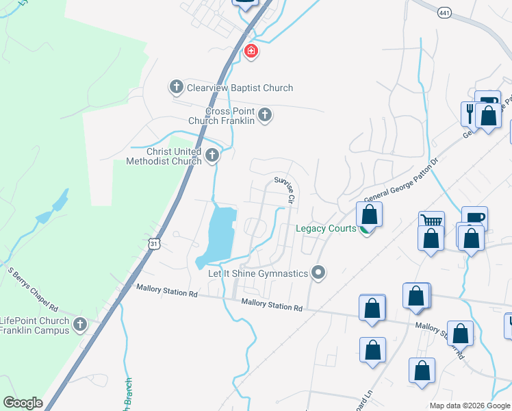 map of restaurants, bars, coffee shops, grocery stores, and more near 7001 Sunrise Circle in Franklin