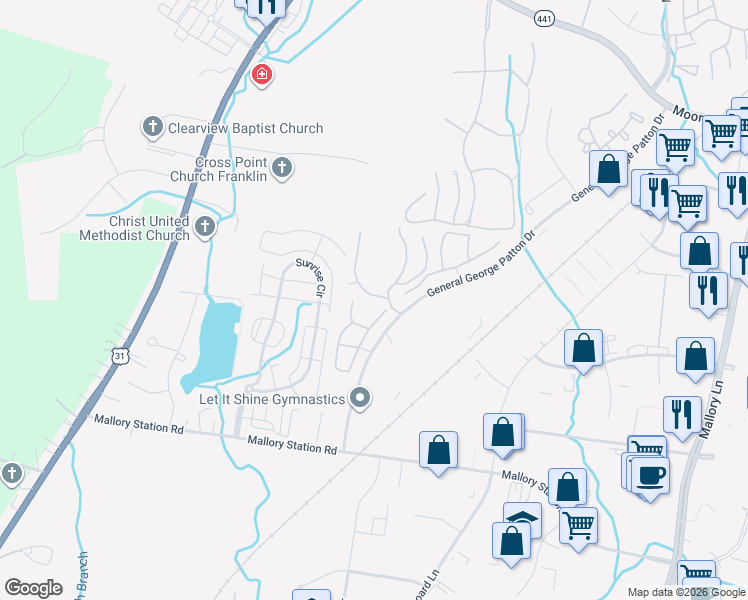 map of restaurants, bars, coffee shops, grocery stores, and more near 1503 Brentwood Point in Franklin