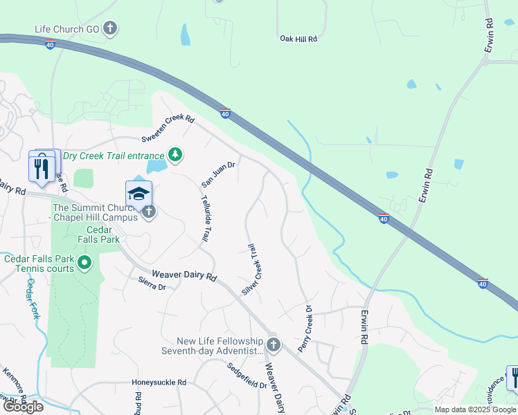 map of restaurants, bars, coffee shops, grocery stores, and more near 100 Sundance Place in Chapel Hill
