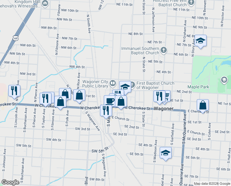map of restaurants, bars, coffee shops, grocery stores, and more near 208 Northeast 2nd Street in Wagoner