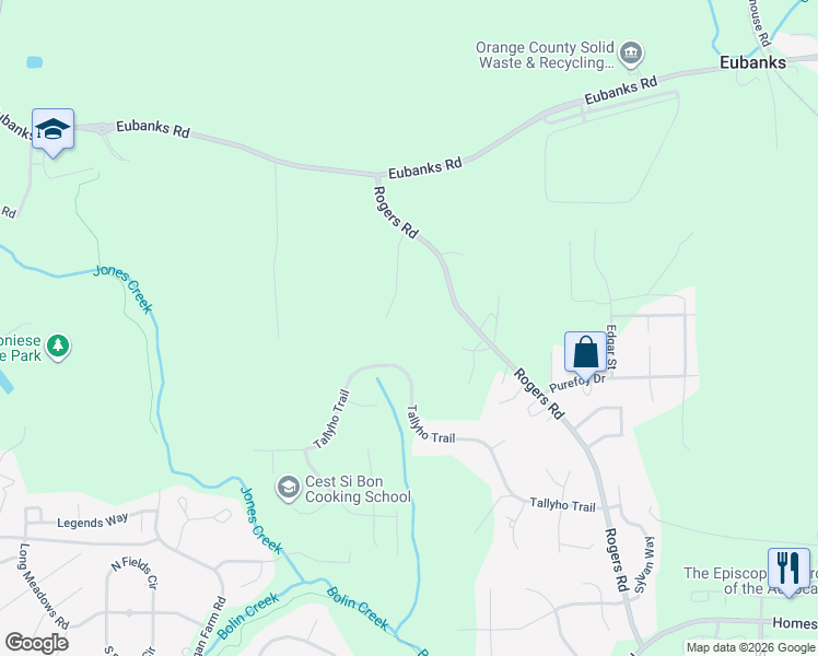 map of restaurants, bars, coffee shops, grocery stores, and more near 6007 Meadow Run Court in Chapel Hill