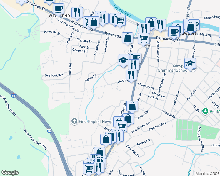map of restaurants, bars, coffee shops, grocery stores, and more near 421 Appalachian Way in Newport