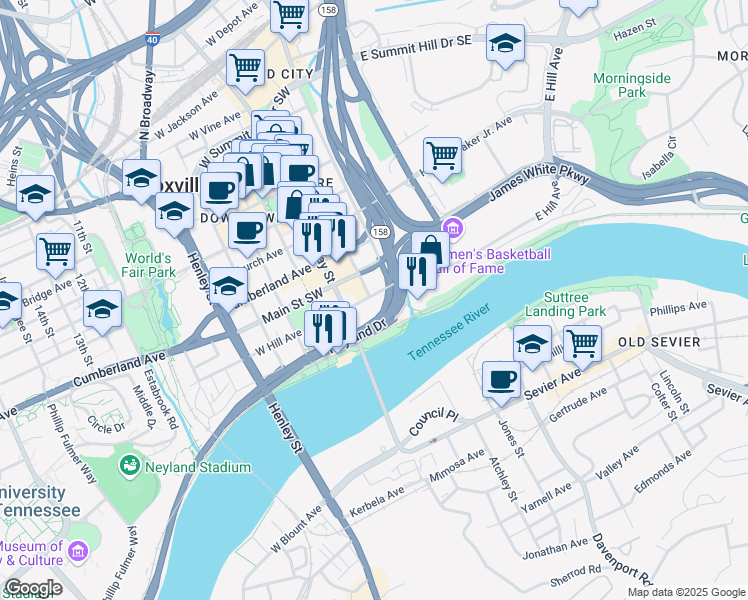map of restaurants, bars, coffee shops, grocery stores, and more near 1000 State Street in Knoxville