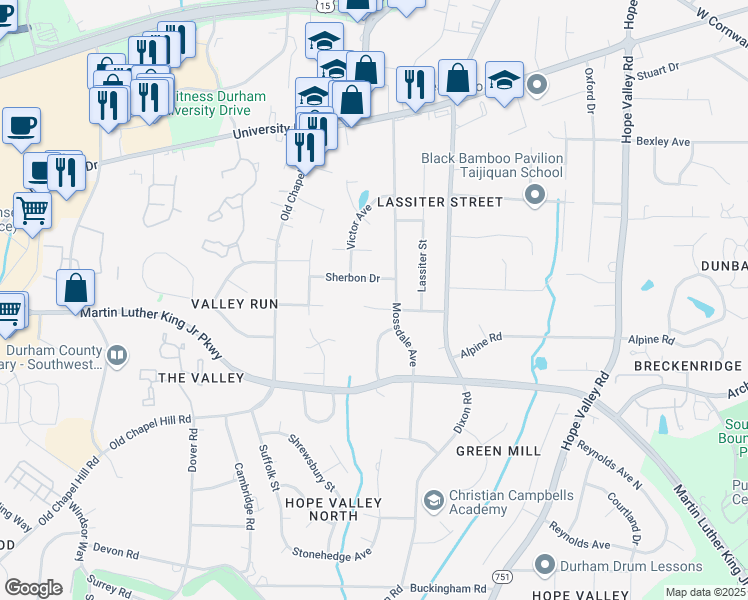 map of restaurants, bars, coffee shops, grocery stores, and more near 3008 Eubanks Road in Durham