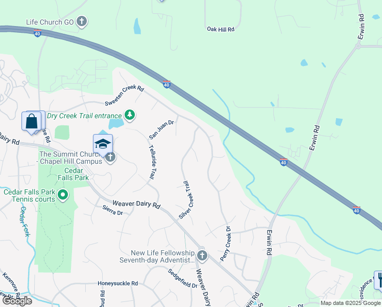 map of restaurants, bars, coffee shops, grocery stores, and more near 100 Sundance Place in Chapel Hill