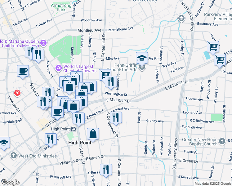 map of restaurants, bars, coffee shops, grocery stores, and more near 621 Washington Street in High Point
