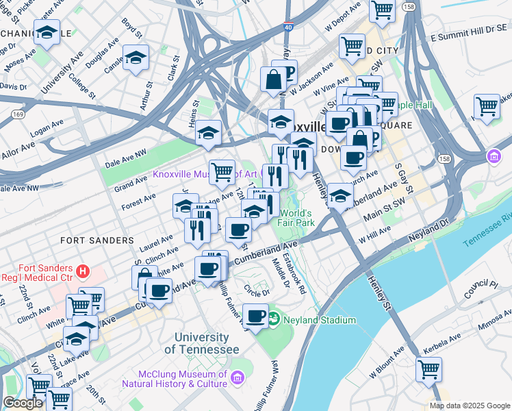 map of restaurants, bars, coffee shops, grocery stores, and more near 509 11th Street in Knoxville